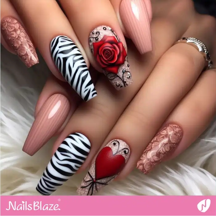Valentine Zebra Print Nails with a Rose and a Heart | Animal Print Nails - NB2451